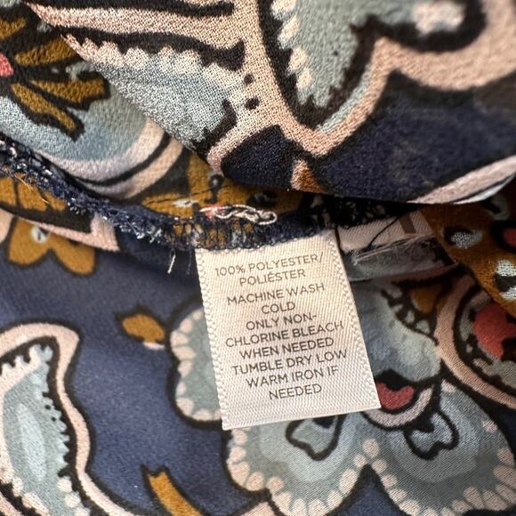 Loft Floral Paisley Peasant Sheer Tunic Blouse Women's small Navy/Brown V-Neck - Picture 8 of 9
